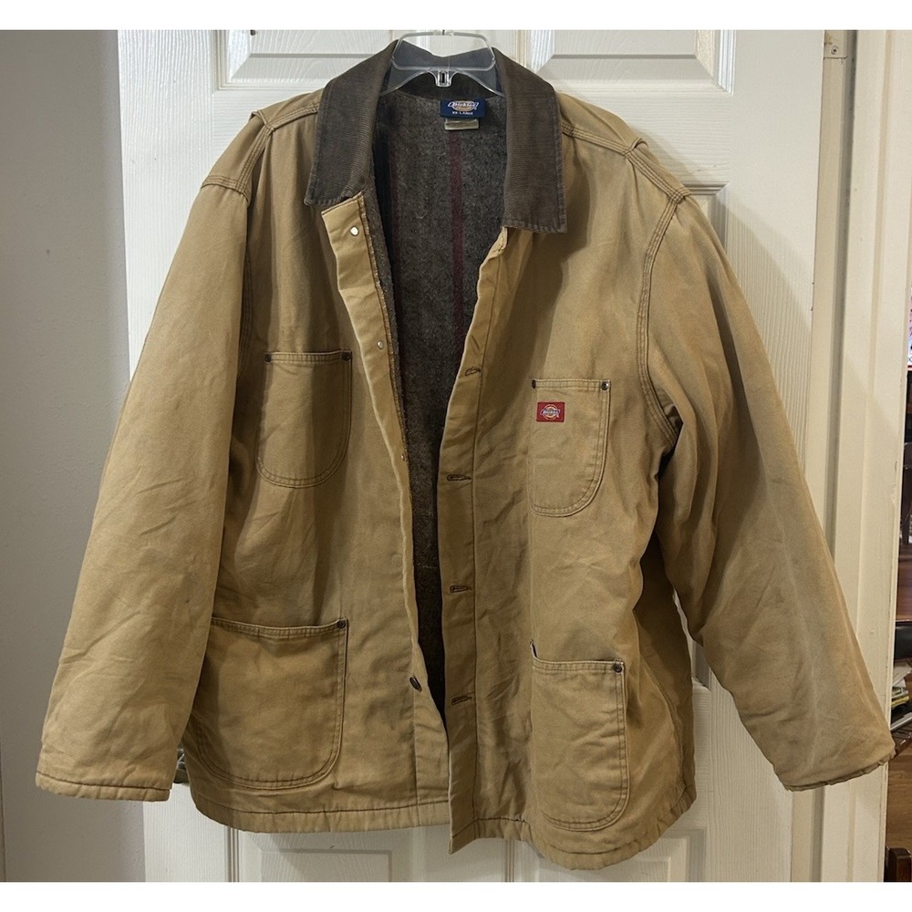 Vtg Dickies Mens Duck Canvas Chore Coat Brown Blanket Lined Corduroy Collar XXL